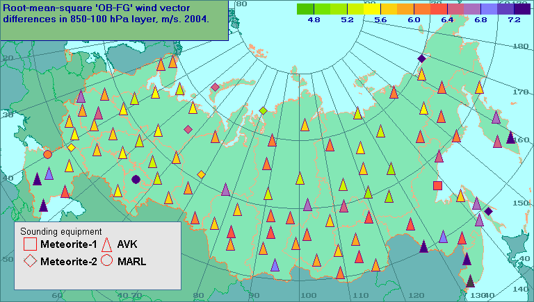 Root-mean-square vector wind differences 'OB-FG' in 850-100 hPa layer