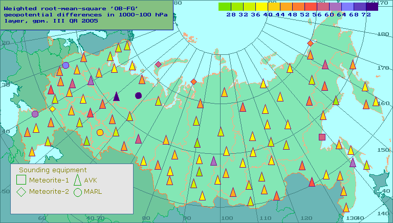 Weighted root-mean-square 'OB-FG' geopotential differences in 1000-100 hPa layer, gpm