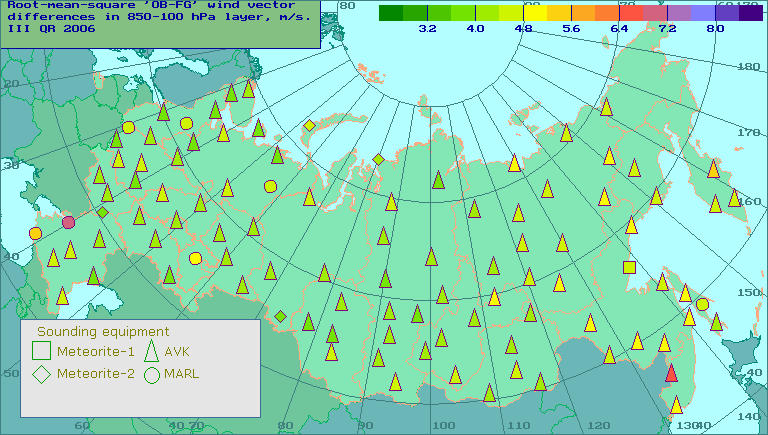 Root-mean-square 'OB-FG' wind vector differences in 850-100 hPa layer