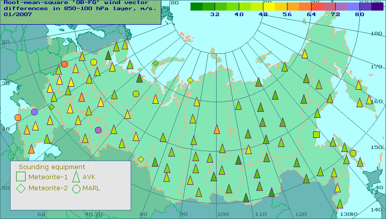 Root-mean-square 'OB-FG' wind vector differences in 850-100 hPa layer