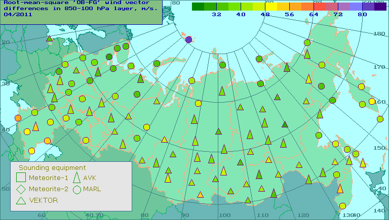 Root-mean-square 'OB-FG' wind vector differences in 850-100 hPa layer