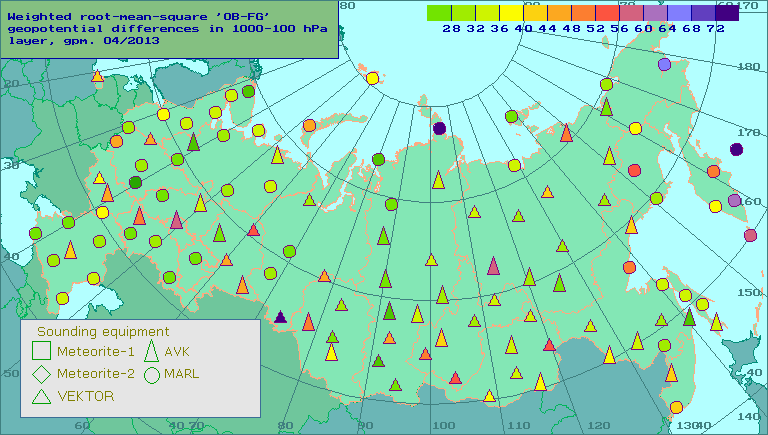 Weighted root-mean-square 'OB-FG' geopotential differences in 1000-100 hPa layer, gpm