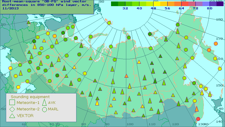 Root-mean-square 'OB-FG' wind vector differences in 850-100 hPa layer