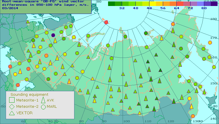 Root-mean-square 'OB-FG' wind vector differences in 850-100 hPa layer