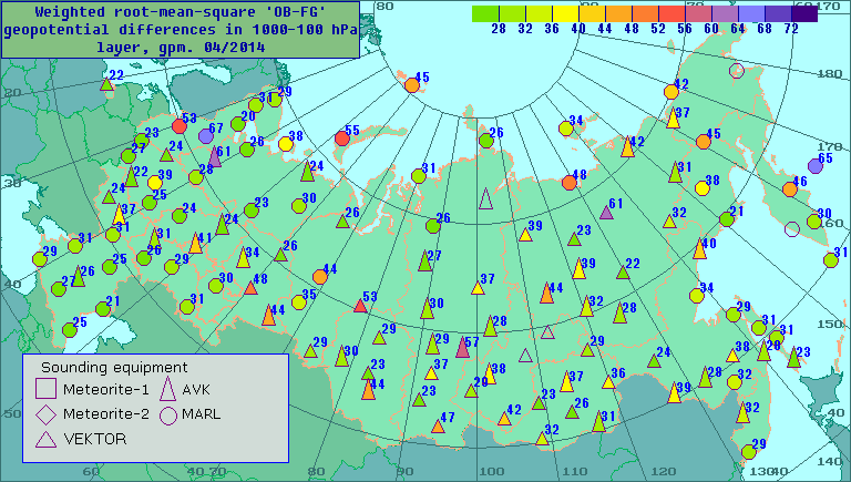 Weighted root-mean-square 'OB-FG' geopotential differences in 1000-100 hPa layer, gpm