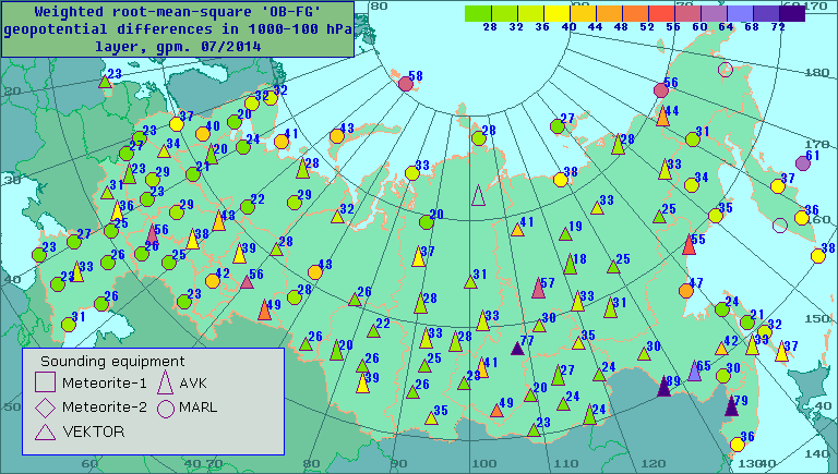 Weighted root-mean-square 'OB-FG' geopotential differences in 1000-100 hPa layer, gpm