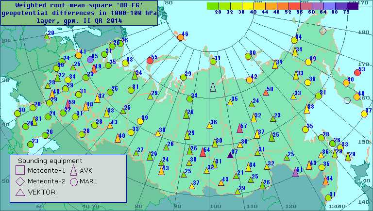 Weighted root-mean-square 'OB-FG' geopotential differences in 1000-100 hPa layer, gpm