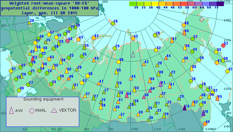 Weighted root-mean-square 'OB-FG' geopotential differences in 1000-100 hPa layer, gpm