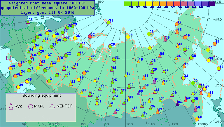 Weighted root-mean-square 'OB-FG' geopotential differences in 1000-100 hPa layer, gpm