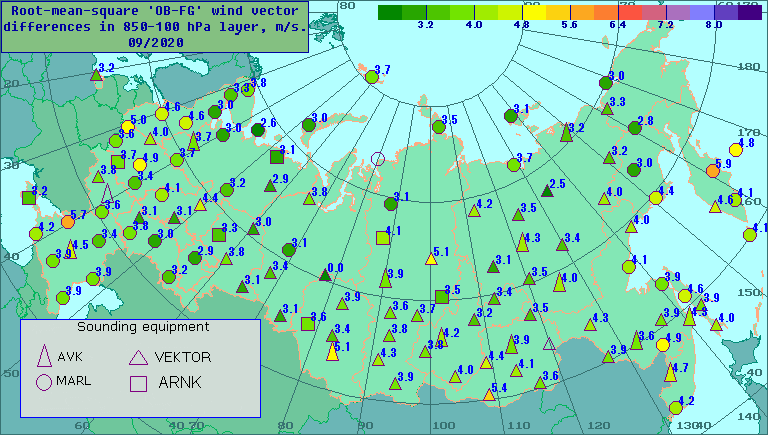 Root-mean-square 'OB-FG' wind vector differences in 850-100 hPa layer