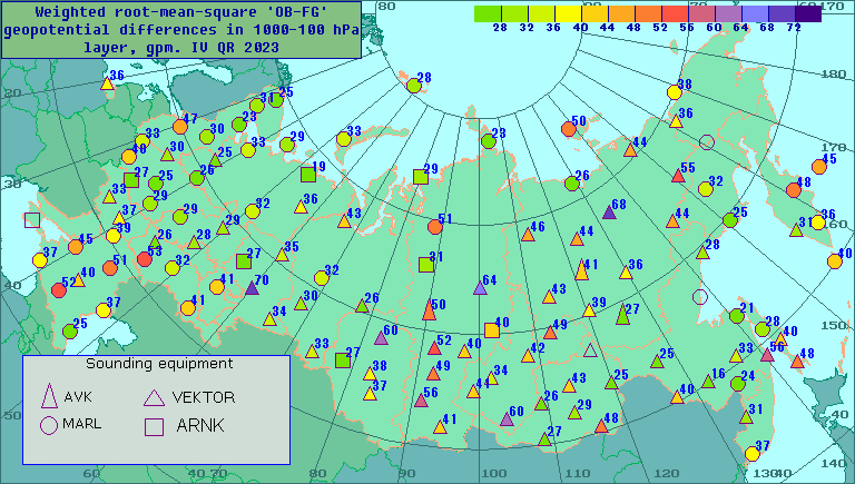 Weighted root-mean-square 'OB-FG' geopotential differences in 1000-100 hPa layer, gpm