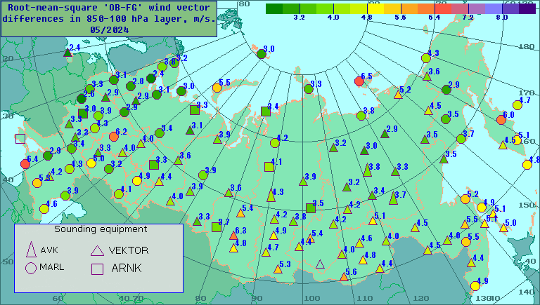 Root-mean-square 'OB-FG' wind vector differences in 850-100 hPa layer