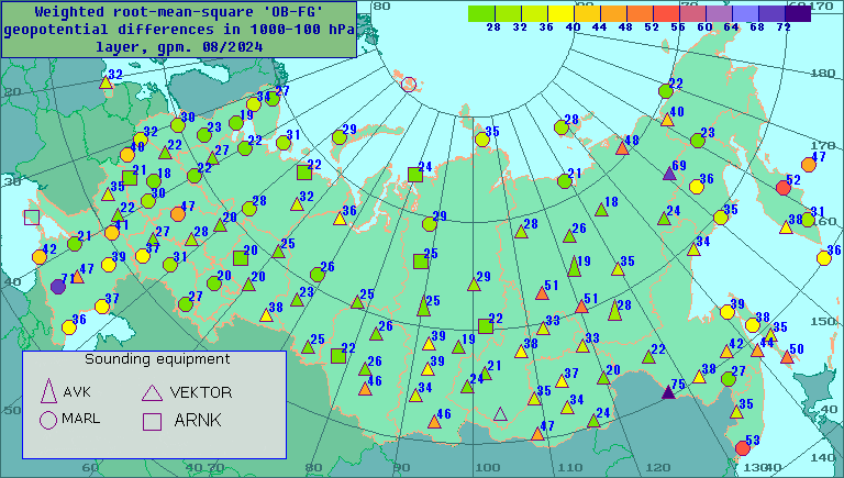 Weighted root-mean-square 'OB-FG' geopotential differences in 1000-100 hPa layer, gpm