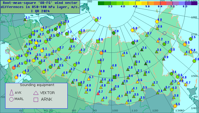 Root-mean-square 'OB-FG' wind vector differences in 850-100 hPa layer