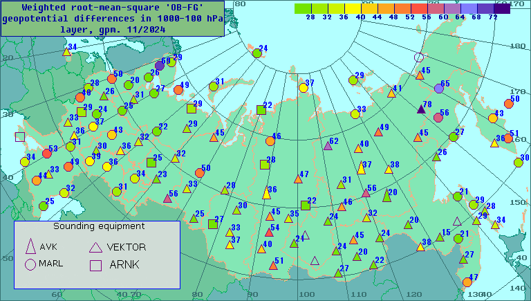 Weighted root-mean-square 'OB-FG' geopotential differences in 1000-100 hPa layer, gpm