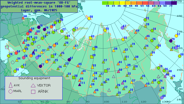 Weighted root-mean-square 'OB-FG' geopotential differences in 1000-100 hPa layer, gpm
