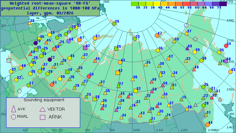Weighted root-mean-square 'OB-FG' geopotential differences in 1000-100 hPa layer, gpm