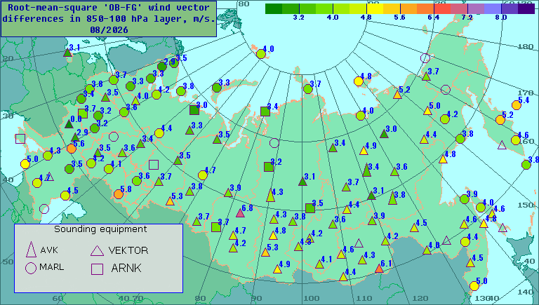 Root-mean-square 'OB-FG' wind vector differences in 850-100 hPa layer