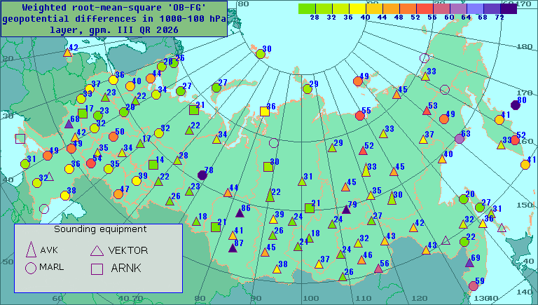 Weighted root-mean-square 'OB-FG' geopotential differences in 1000-100 hPa layer, gpm